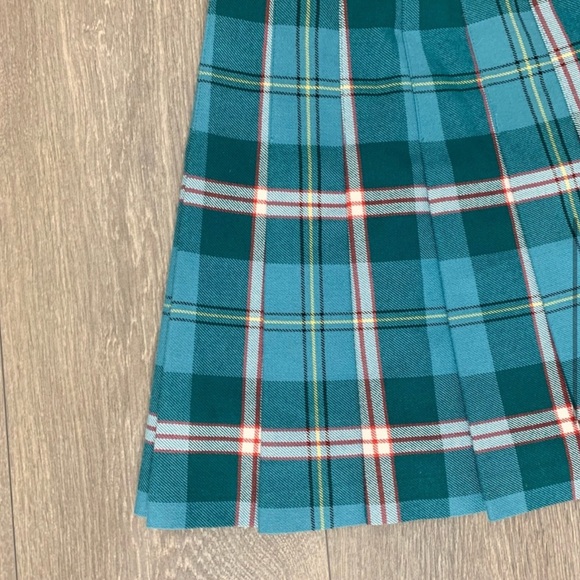 Aritzia Sunday Best Olive Mini Skirt Teal Plaid Pleated High Rise Waist Size 00 - Picture 6 of 6
